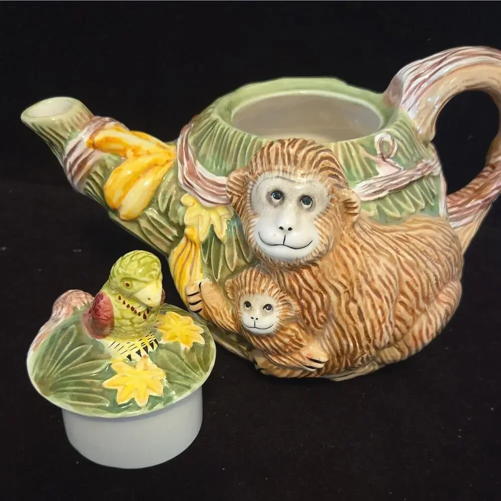 Vintage Monkey & Parrot Ceramic Teapot Jungle Spree Majolica Style Glazed